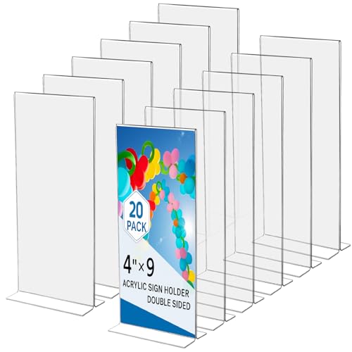 Thyle 20 Pack Acrylic Sign Holders 4"x9",Clear Table Menu Display, Double Sided Plastic Flyer Display Stand for Restaurant Menu, Price Sign, Deli, Office, Counter, Easy to Insert and Change