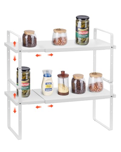 VEVOR Adjustable Kitchen Cabinet Shelf Organizer, Expandable 2 Tier Cabinet Shelf, Stackable Countertop Organizers and Storage Risers, Pantry for Kitchen Bathroom Office, White - color: White