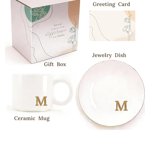 RainVibe Elegant Gift Set for Women – Personalized Monogram Ceramic Mug & Jewelry Tray – 12 oz Gold-Initial Coffee Cup with Gift Box, 4.75" Decorative Dish for Rings, Earrings, Keys (Letter M) - color: Letter M
