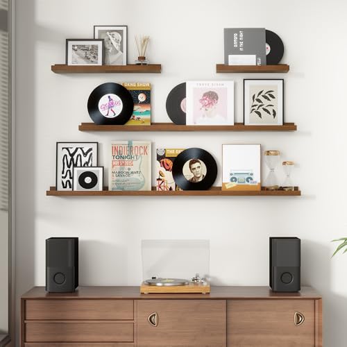 FLYJOE Picture Ledge Wall Shelves - Set of 3, 56 inches Width, Solid Pine Wood Rustic Floating Ledge Shelves for Kids' Room, Bedroom, Kitchen, Bathroom, Walnut - color: Walnut, size: 56'', set of 3