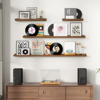 FLYJOE Picture Ledge Wall Shelves - Set of 3, 56 inches Width, Solid Pine Wood Rustic Floating Ledge Shelves for Kids' Room, Bedroom, Kitchen, Bathroom, Walnut - color: Walnut, size: 56'', set of 3