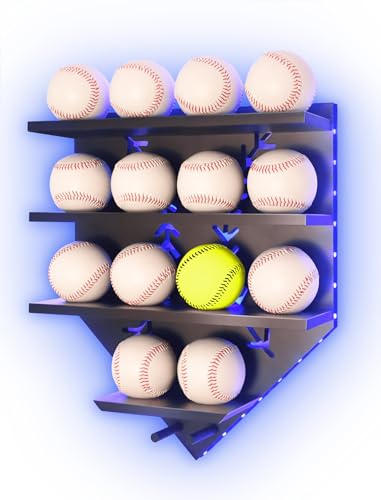 Baseball Display Shelf with LED Light, Home Plate Shaped Wood Holder, Championship Ring Wall Organizer for PSA SGC Collectibles, Ball Hanging Frame Gift for Boys Son