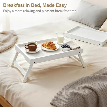 Large Breakfast Tray with Folding Legs Set of 2, 16.9" x 12.2" Bamboo Bed Tray Table with Ergonomic Wave Handles, Foldable TV Dinner Tray for Bed Couch Sofa, Breakfast, Laptop, Coffee,White - color: White, size: Large