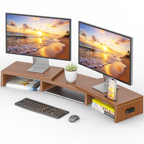 BONTEC Dual Monitor Stand Riser with Smartphone Holder, Adjustable Length & Swivel Angle, Ergonomic Wooden Desktop Organizer for PC Monitor, Laptop, Printer, Large Storage, Walnut - color: Walnut