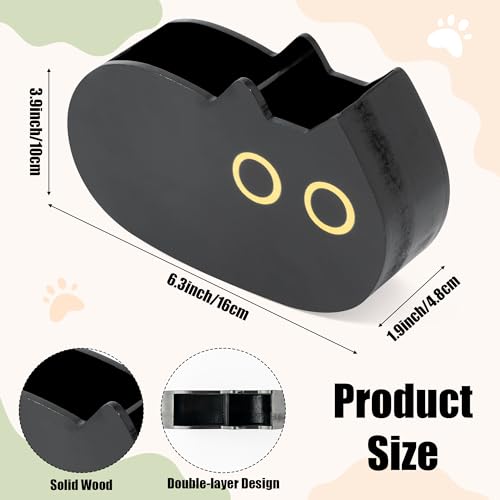 MALLMALL6 Black Cat Pencil Holder - Back to School Wooden Pen Holder, 2 Compartments Kitten Shaped Caddy Case Gifts for Kid Students Pet Lover, Desktop Storage Organizer for Classroom Office Decor - style: Black Cat