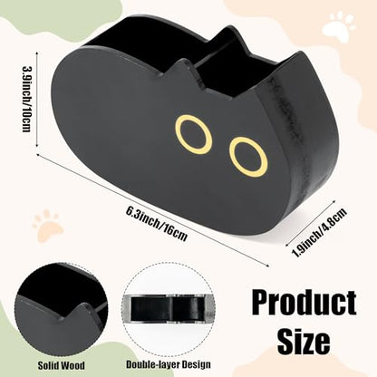 MALLMALL6 Black Cat Pencil Holder - Back to School Wooden Pen Holder, 2 Compartments Kitten Shaped Caddy Case Gifts for Kid Students Pet Lover, Desktop Storage Organizer for Classroom Office Decor - style: Black Cat