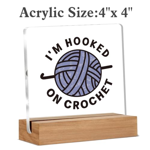 Funny Crochet Knitting Gifts for Crocheters, Crocheting Gifts for Yarn Lovers Friends Coworker, I'm Hooked on Crochet Acrylic Plaque Desk Signs Decor 4 × 4 Inches - color: HOOKED