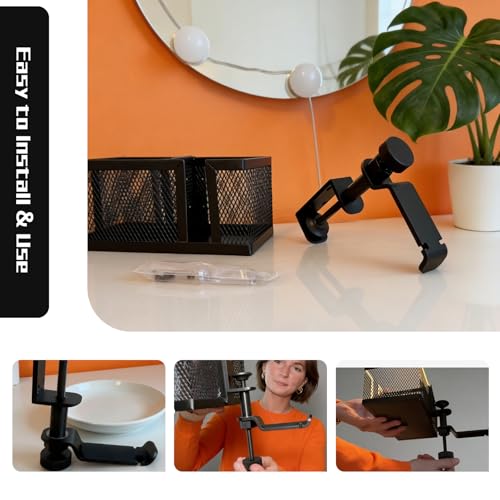 Multifunctional Clamp On Cup Holder & Desk Organizer, Space-Saving Desk Cup Holder with Headphone Hook for Office, Home - Holds Drinks, Phone, Stationery