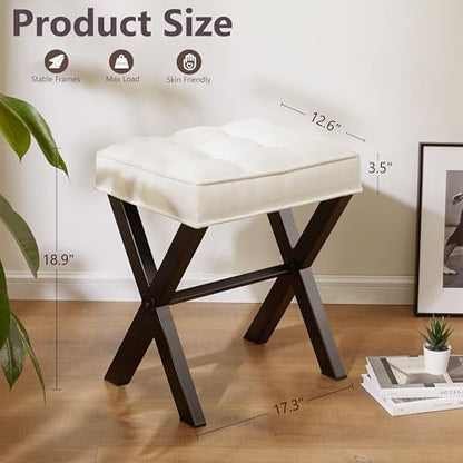 Royal Windsor Vanity Stool,Square Ottoman Stool Foot Rest,Upholstered Vanity Chair Foot Stool with Metal X Legs, Small Vanity Seat for Entryway,Bedroom and Living Room,Linen White - color: 12.6"d White+black