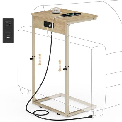 Vagusicc C Shaped End Table with Charging Station, Adjustable Height Side Table for Couch, Small Side Table, 33.2'' Tall Couch Tables that Slide Under, Tv Tray End Table for Living Room, Natural - color: Natural (1 Pack), style: With Plug