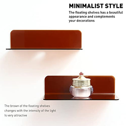 OAprire Acrylic Floating Shelves Set of 2 - Expand Wall Space - 9 Inch Small Adhesive Shelf for Bedroom, Bathroom, Kitchen, Living Room, Office with Cable Clips (Brown) - color: Brown