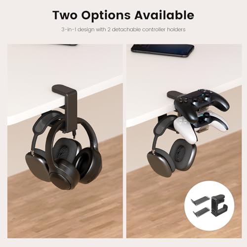 3in1 Rotating Headphone Holder - EURPMASK 3in1 PC Gaming Headset Holder w/Detachable Controller Holder, Adjustable Clamp-on Headset Stand,Headphone Hanger Hook Under Desk w/Cable Clip Organizer - color: Gaming Combo White