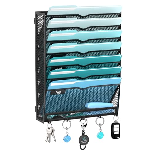 8-Tier Hanging Wall File Organizer with 5 Hooks, Mesh Wall File Holder Vertical Mount Mail Organizer for Papers, Folders, Magazines, Bills, Office and School, Black - color: Black, size: 8 Tier