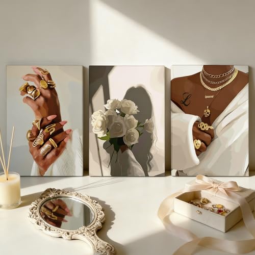 3Pcs Black Woman Canvas Wall Art African American Painting Picture Wall Decor Fashion Trendy Black Poster White Flower Aesthetic Poster Print Artwork for Girls Room Bedroom Home Decoration - color: Black Woman Canvas, size: 24"L x 16"W