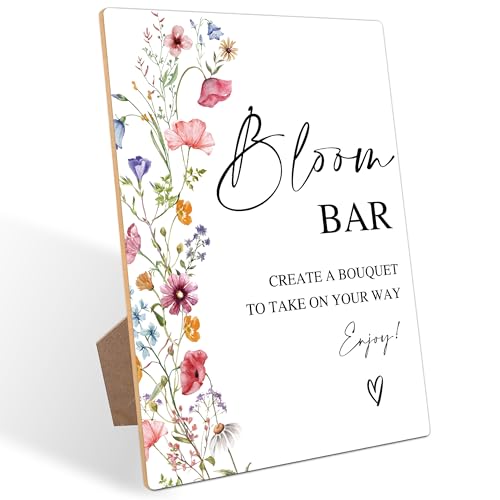 Bloom Bar Sign, Flowers Bridal Shower Decorations, Wedding Reception Table Decorations, Engagement Party Decor, Boho Wooden Sign with Stand for Wedding Reception And Bridal Party Decor, 1 - color: Bloom Bar1