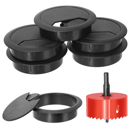 Swpeet 6Pcs Black Desk Cable Wire Grommet Cord with Hole Saw, Tidy Cable Hole Cover Organizers, Desk Wire Cord Cable Grommets Hole Cover, 1Pcs 2.36Inch_60mm Tools Hole Saw with Arbor for Office Desk - color: Black, size: 60mm