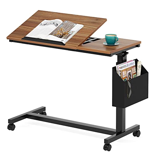 Tribesigns Height Adjustable C Shaped End Table with Wheels and Side Pocket, Mobile Sofa Snack Table with Tiltable Drawing Board, Laptop Side Tray Table for Couch Bed (Walnut Brown) - color: Walnut Brown