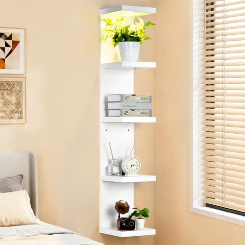 LinTimes 5-Tier LED Wall Shelf with Remote Control, White Floating Shelves Unit, Wall Mounted Display Storage - size: 5 Tier