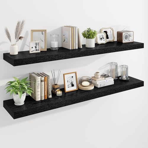 Marsmiles 55" Floating Shelves for Wall, Wooden Shelves with Invisible Brackets Set of 2, Rustic Farmhouse Wall Mounted Shelf for Kitchen Bathroom Living Room Study, Black - color: Black, size: 55"