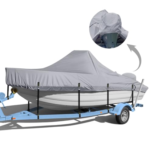 Center Console Boat Cover, 900D Heavy Duty Boat Center Console Cover, Waterproof Boat Covers 17-19 FT with Motor Cover and Metal Windproof Adjustable Buckle, Gray - color: Gray, size: 17'-19' Length , Beam Width up to 102" W