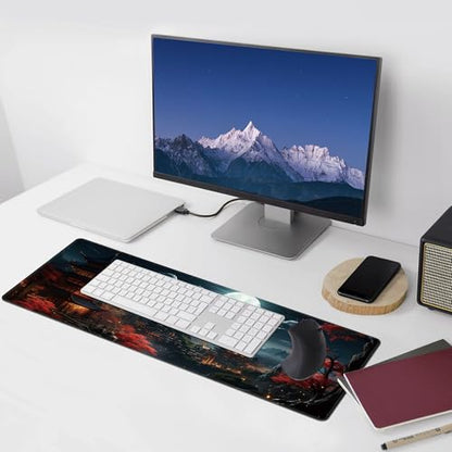 Japanese Full Moon Large Mouse Pad,Gaming Keyboard Desk Pad,Extended Mouse Mat Non-Slip Rubber Base with Stitched Edges for Office Game Home XL 31.5"x11.8" - color: Japanese Moon, size: 31.5L x 11.8W inches
