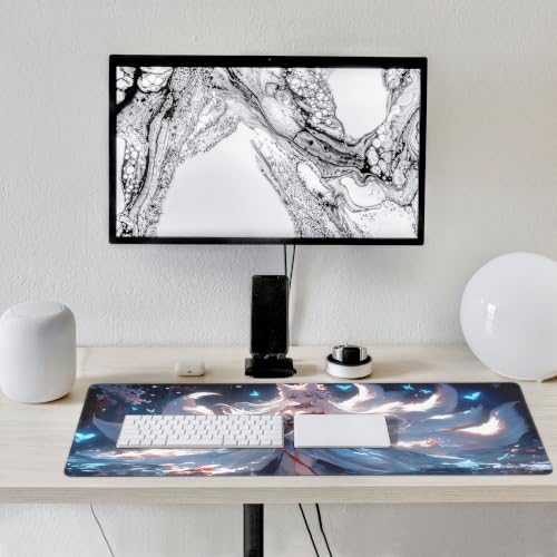 Japanese Mouse Pad, Moon and Cloud Desk Mat, Aesthetic Gaming Desk Pad 35.4 x 15.7 Inch, Non-Slip Rubber Base with Stitched Edges for Office and Gaming - color: Green And Gold