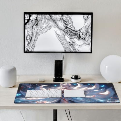 Japanese Mouse Pad, Moon and Cloud Desk Mat, Aesthetic Gaming Desk Pad 35.4 x 15.7 Inch, Non-Slip Rubber Base with Stitched Edges for Office and Gaming - color: Green And Gold