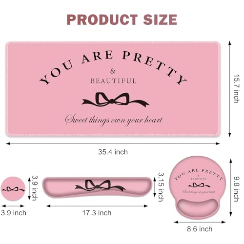 Gaming Mouse Pad, Large Desk Mat, Cute Desk Pad Protector, 4in1 XXL Mousepad + Keyboard Wrist Rest+Mouse Wrist Rest+Coaster Set with Ergonomic Desk Pad for Home Office Table Computer, Pink Pretty Bow - color: Pink Pretty Bow