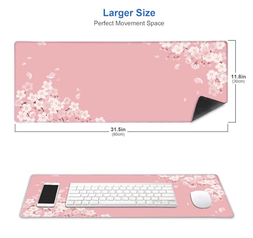 IMAYONDIA Pink Japanese Desk Mat, Cherry Blossom Large Gaming Mouse Pad, Non-Slip Rubber Base Mousepad for Women, Desk Pad for Work, Game, Office, 31.5x11.8 Inch- Sakura Flowers Aesthetic - color: Sakura Flowers
