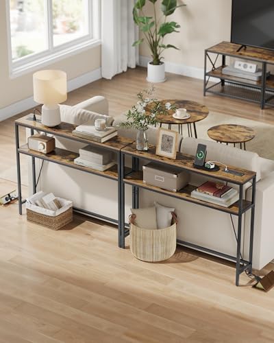 VASAGLE Console Table with Power Outlet, 2-Tier Narrow Sofa Table with 2 Shelves, 7.9 x 39.4 x 31.5 Inches, for Living Room, Hallway, Entryway, Rustic Brown and Ink Black ULNT136K01 - color: Rustic Brown + Ink Black, size: 39.4"W - With Power Outlet