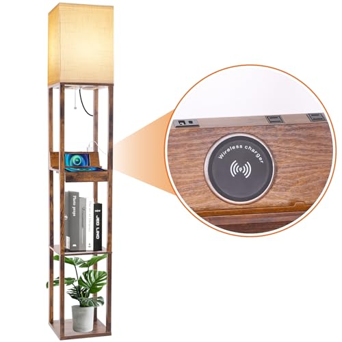 RUNTOP Floor Lamp with Shelves, Shelf Floor Lamp with Wireless Charger & 2 Charging USB Ports & Drawer, AC Outlet, 3 Color Temperature Tall Standing Lamp with Bulb for Living Room, Bedroom, Office - color: Brown-Wireless Charger + Drawer