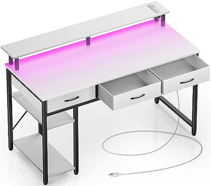 Rolanstar Computer Desk with Power Outlets & LED Light, 55 inch Home Office Desk with Drawers and Storage Shelves, Writing Desk with Monitor Stand, Modern Work Study Desk for Home Office, White - size: 55 inch