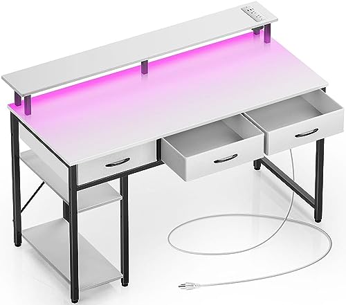 Rolanstar Computer Desk with Power Outlets & LED Light, 55 inch Home Office Desk with Drawers and Storage Shelves, Writing Desk with Monitor Stand, Modern Work Study Desk for Home Office, White - size: 55 inch