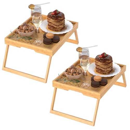 2 Pack Bed Tray Table with Foldable Legs, Bamboo Breakfast Tray for Sofa, Beds, Eating, Working, TV Table, Food, Dinner, Computer Trays, Laptop Desk Snack Folding Trays in Bed - color: Bamboo, size: Medium - 2pc