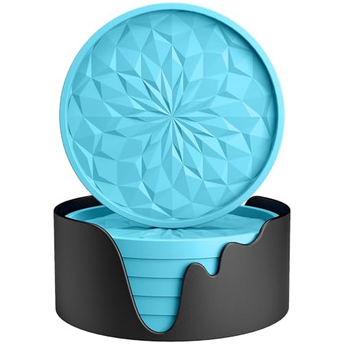 ME.FAN Silicone Coasters with Holder,[6 Pack] Drinking Coasters - Cup Mat for Hot or Cold Drinks, Thickened, Non-Slip, Non-stick,Deep Tray Sky Blue - color: Sky Blue