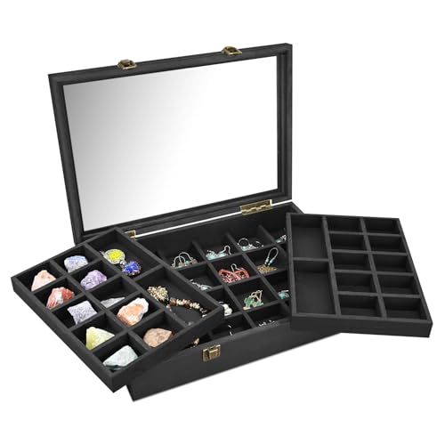 MOOCA Tempered Glass Jewelry Box Organizer, Two-Layer Jewelry Display Case for Necklaces, Earrings, Bracelets, Rings - Elegant Storage Solution, Black Color - color: Black, size: 2-Layer Set, 2 inch high