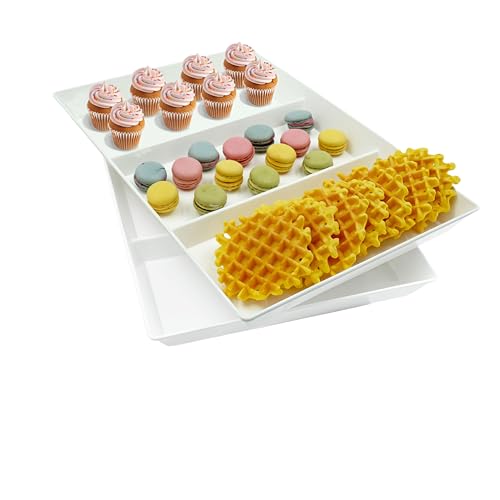 Divided Serving Tray Platter, 2 Pack 15" x 10" Fruit Veggie Food Tray for Party, Plastic Serving Trays for Appetizer, Snack, Dessert, Cookie, Brunch Decorations Platters, White Trays BPA-Free - color: 3 Divided (Large), size: 15" x 10" (2 Pack)