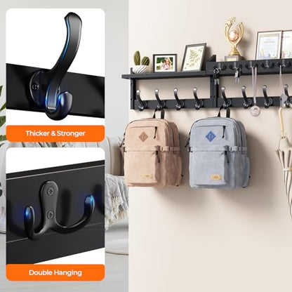 Evermagin 35" Coat Rack Wall Mount with Shelf, 4 in 1 Wall Mounted Coat and Key Hanger with 13 Hooks, Entryway Key Holder with Mail Holder for Living Room, Bedroom, Black - color: Black, size: 35 inch