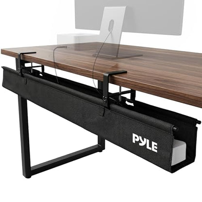 Pyle 36" Under Desk Cable Management Tray, Under Desk Wire Organizer with Clamp or Screw Mount, Desk Cable Organizer with Fabric Design for Large Workstations, Built-in Ties, 20 lb Capacity, Black - size: 36"