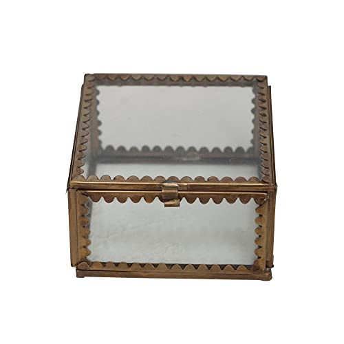 Creative Co-Op Brass and Glass Display Box with Scalloped Edges and Antique Finish, Brass Color - size: 3" Square x 1.75"H