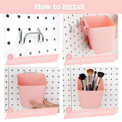 8 Pack Large Pegboard Bins with Hooks, Square Box Shape Peg Board Cups and Peg Board Accessories for Craft Room, Playroom, Office, Garage, and Wall Mount Organization (Pink) - color: Pink