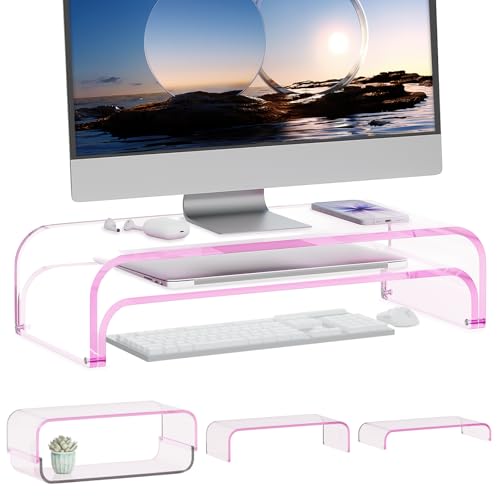 Acrylic Dual Monitor Stand Riser 2 Tier, Modular Laptop Stand for Desk, Multifunctional Desktop Organizer Shelf for PC, iMac, Printer, Detachable Monitor Stand for Office or Home, Pink - color: Pink, size: 20.3 in