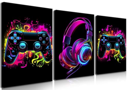 BGFCE Game Room Decor Set of 3, Neon Gaming Video Game Room Wall Art, Gaming Canvas Paintings Posters Prints for Teen Boys Room Children Teen Wall Decor Framed 16x24 in - color: Purple Game Controller, size: 24L" x 16W"
