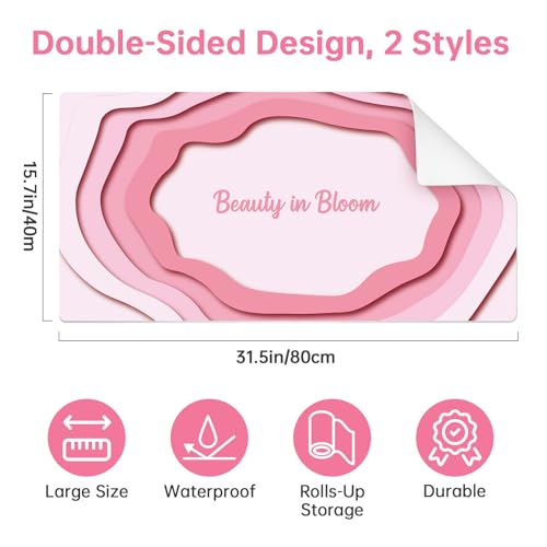 Dual-Sided PU Leather Desk Mat Blotter for Office, Home, Computer, Keyboard, Mouse, 15.7"x31.5" Large Non-Slip Writing Mat with Travel Storage Strap, Waterproof Easy to Clean (Pink Minimalist) - style: Pink Minimalist