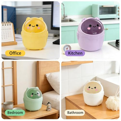Mini Trash Can, Cute Small Trash Can with Lid, Desktop Paper Bin with 5 Rolls of Bin Liners, Portable Tabletop Dustbin, Cartoon Animal Rubbish Storage for Office Bedroom Desk Kitchen(Green) - color: Green