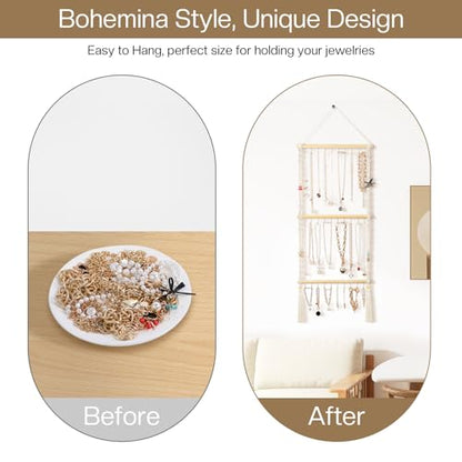 UREYMX Hanging Jewelry Organizer Macrame Necklace Holder, with 30 Hooks, Over Door Necklace Rack, Wall Mounted Jewelry Hanger with Tassel Boho for Necklace Headband Bow Earring Bracelet