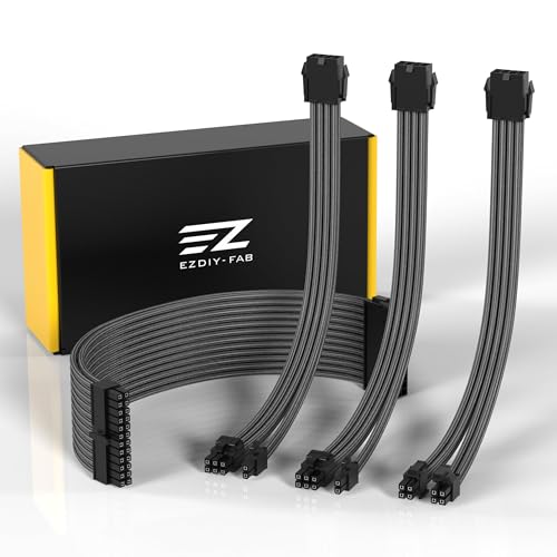 EZDIY-FAB PSU Extension Cable Sleeved Custom Mod PC Power Supply Cable, Soft Nylon Braided with Comb Kit 24PIN/8PIN to 6+2Pin/ 8PIN to 4+4PIN-30CM -Carbon - color: Carbon