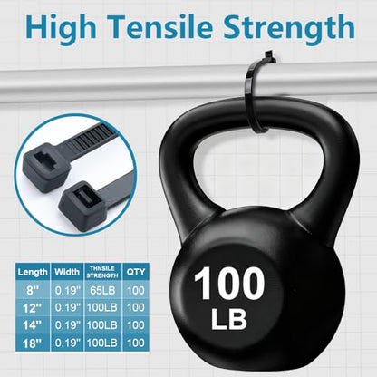 400 Pack Black Zip Ties Assorted Sizes 8+12+14+18 Inch, Heavy Duty 100lbs Self-Locking Electrical Cable Ties, UV Resistant Wire Ties for Indoor and Outdoor Use