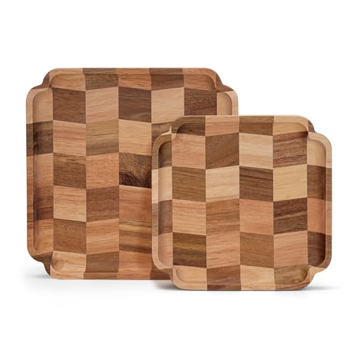 Wood Serving Trays - Set of 2 Square Serving Platters, Wooden Decorative Board Charcuterie Boards for Serving Breakfast Dinner Appetizers Coffee BBQ Party (1 x 9.6 in, 1 x 7.8 in) - color: Square