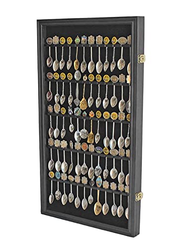 DisplayGifts 60 Souvenir Spoon Tea Spoon Display Case Rack Holder Wall Cabinet Frame, UV Protection, Lockable Door (Black Finish) - color: Black Finish